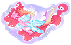 Size: 1280x818 | Tagged: safe, artist:pinkablue, imported from derpibooru, pinkie pie, rainbow dash, earth pony, pegasus, pony, abstract background, ear fluff, eyes closed, female, hug, lesbian, mare, pinkiedash, shipping, signature