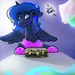 Size: 2000x2000 | Tagged: safe, artist:mylittlegodzilla, imported from derpibooru, princess celestia, princess luna, pony, cake, female, food, mare, nervous grin, pancakes, this will end in death, this will end in food poisoning