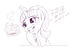 Size: 2090x1500 | Tagged: safe, artist:brisineo, imported from derpibooru, starlight glimmer, pony, unicorn, marks for effort, coffee, coffee mug, cursive writing, cute, empathy cocoa, equal cutie mark, female, glimmerbetes, leaning, magic, monochrome, mug, s5 starlight, simple background, sketch, smiling, solo, steam, white background