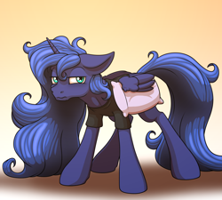 Size: 2000x1800 | Tagged: safe, artist:ohemo, imported from derpibooru, princess luna, alicorn, pony, atg 2018, clothes, female, gradient background, looking at you, mare, newbie artist training grounds, pillow, shirt, sleepy, solo, tired