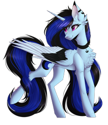 Size: 1214x1400 | Tagged: safe, artist:monogy, imported from derpibooru, oc, oc only, oc:moonlight shadow, alicorn, pony, alicorn oc, colored wings, commission, female, multicolored wings, raised hoof, simple background, solo, transparent background