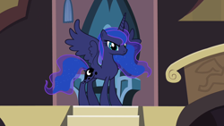 Size: 1280x720 | Tagged: safe, edit, edited screencap, editor:slayerbvc, imported from derpibooru, screencap, princess luna, alicorn, pony, princess twilight sparkle (episode), accessory-less edit, barehoof, castle of the royal pony sisters, female, mare, missing accessory, solo, spread wings, throne, wings