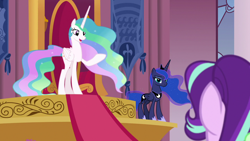 Size: 1280x720 | Tagged: safe, edit, edited screencap, editor:slayerbvc, imported from derpibooru, screencap, princess celestia, princess luna, starlight glimmer, alicorn, pony, unicorn, a royal problem, accessory-less edit, barehoof, crown, female, hoof shoes, jewelry, mare, missing accessory, peytral, regalia, royal sisters, throne, throne room