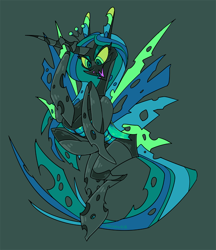 Size: 950x1100 | Tagged: safe, artist:chocodile, imported from derpibooru, queen chrysalis, changeling, changeling queen, crown, female, green background, jewelry, regalia, simple background