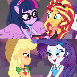 Size: 1080x1080 | Tagged: safe, imported from derpibooru, screencap, applejack, rarity, sci-twi, sunset shimmer, twilight sparkle, equestria girls, equestria girls series, forgotten friendship, rollercoaster of friendship, blushing, context is for the weak, female, geode of shielding, geode of super strength, magical geodes, out of context, ponied up, scitwilicorn, shipping fuel, super ponied up