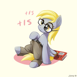 Size: 1000x1000 | Tagged: safe, artist:jeremywithlove, imported from derpibooru, derpy hooves, pegasus, pony, book, chinese meme, clothes, female, glasses, mare, mogic, pants, poem in the comments, simple background, smiling, solo, the elder, white background, 苟利国家生死以