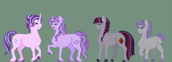 Size: 1600x584 | Tagged: safe, artist:ganashiashaka, imported from derpibooru, maud pie, starlight glimmer, oc, oc:ametyhst swirl, oc:chalcocite quartz, earth pony, pony, female, green background, lesbian, magical lesbian spawn, mare, offspring, parent:maud pie, parent:starlight glimmer, parents:starmaud, shipping, simple background, starmaud, tl;dr