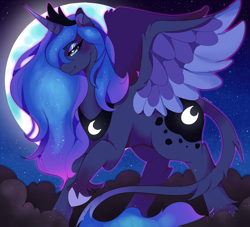 Size: 2200x2000 | Tagged: safe, artist:polarisbunny, artist:sunny-dean, imported from derpibooru, princess luna, alicorn, pony, cloud, female, leonine tail, mare, moon, night, smiling, solo, spread wings, unshorn fetlocks, wings