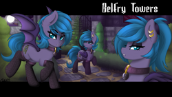 Size: 3840x2160 | Tagged: safe, artist:ciderpunk, imported from derpibooru, oc, oc:belfry towers, bat pony, firefly (insect), pony, bat pony oc, castle, choker, clothes, ear piercing, earring, garden, jewelry, looking at you, necklace, piercing, slit eyes, slit pupils, socks