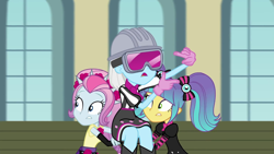 Size: 1280x720 | Tagged: safe, imported from derpibooru, screencap, photo finish, pixel pizazz, violet blurr, constructive criticism, equestria girls, equestria girls series, constructive criticism: photo finish, director's vision, female, hard hat, safety goggles, the snapshots, trio, trio female