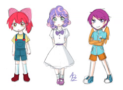 Size: 1392x1020 | Tagged: dead source, safe, artist:apzzang, imported from derpibooru, apple bloom, scootaloo, sweetie belle, human, clothes, converse, cutie mark crusaders, dress, female, humanized, implied rainbow dash, jacket, overalls, shoes, simple background, sneakers, trio, trio female, white background, winged humanization, wings