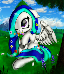 Size: 1632x1900 | Tagged: safe, artist:nuxersopus, imported from derpibooru, oc, oc only, pony, cloud, flower, flower in hair, forest, mountain, one eye closed, scenery, sky, solo, spread wings, tree