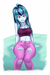Size: 2313x3477 | Tagged: safe, artist:ambris, imported from derpibooru, sonata dusk, equestria girls, belly button, clothes, cute, female, hips, jeans, looking at you, midriff, pants, sitting, solo, sonatabetes, tattered, thighs