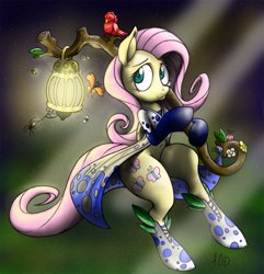 Size: 963x1000 | Tagged: safe, artist:dfectivedvice, artist:sepiakeys, color edit, edit, imported from derpibooru, fluttershy, bee, bird, butterfly, insect, pegasus, pony, spider, cloak, clothes, colored, female, lantern, shoes, sitting, solo