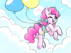 Size: 1280x960 | Tagged: safe, artist:taligintou, imported from derpibooru, pinkie pie, earth pony, pony, balloon, bow, cute, diapinkes, female, floating, hair bow, mare, smiling, solo, then watch her balloons lift her up to the sky