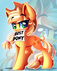 Size: 2304x2900 | Tagged: safe, artist:kaleido-art, imported from derpibooru, applejack, earth pony, pony, best pony, biased, cowboy hat, cute, female, freckles, hat, jackabetes, mouth hold, sign, solo, stetson, zoom layer