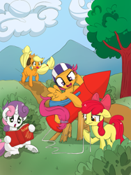 Size: 1125x1496 | Tagged: safe, artist:xsidera, imported from derpibooru, apple bloom, applejack, scootaloo, sweetie belle, earth pony, pegasus, pony, unicorn, cutie mark crusaders, female, filly, mare, rocket, this will end in tears and/or death and/or covered in tree sap