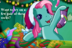 Size: 729x486 | Tagged: safe, edit, edited screencap, imported from derpibooru, screencap, minty, a very minty christmas, bronybait, christmas, christmas lights, clothes, cropped, g3, hat, holiday, hoof hold, mintabetes, santa hat, socks, striped socks, text, that pony sure does love socks