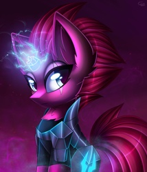 Size: 2013x2350 | Tagged: safe, artist:kaleido-art, imported from derpibooru, tempest shadow, pony, unicorn, my little pony: the movie, armor, broken horn, chest fluff, eye scar, female, magic, mare, scar, scar on the wrong side, solo