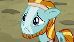 Size: 1280x720 | Tagged: safe, imported from derpibooru, screencap, rockhoof, earth pony, pony, campfire tales, beard, clothes, crying, cutie mark, dirt, facial hair, faic, floppy ears, headband, male, sad, solo, stallion, teary eyes, valknut