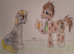 Size: 1572x1145 | Tagged: safe, artist:rapidsnap, imported from derpibooru, derpy hooves, doctor whooves, time turner, earth pony, pegasus, pony, crying, regeneration, traditional art