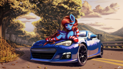 Size: 4551x2560 | Tagged: safe, artist:smowu, artist:syntaxartz, imported from derpibooru, oc, oc only, oc:lucid heart, pegasus, pony, car, clothes, draw me like one of your french girls, scenery, socks, solo, striped socks, subaru, subaru brz, supercar