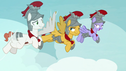 Size: 1280x720 | Tagged: safe, imported from derpibooru, screencap, albus, flash magnus, iron eagle, pegasus, pony, campfire tales, armor, female, flying, guardsmare, helmet, high five, high wing, male, mare, royal guard, royal legion, stallion, trio