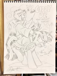 Size: 1536x2048 | Tagged: safe, artist:andypriceart, imported from derpibooru, twilight sparkle, human, pony, crossover, duo, ed, ed (ed edd n eddy), ed edd n eddy, female, grayscale, humans riding ponies, male, mare, monochrome, riding, traditional art, twilight is not amused, twilight sparkle is not amused, unamused