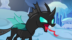 Size: 1280x720 | Tagged: safe, imported from derpibooru, screencap, thorax, changeling, the times they are a changeling, hissing, male, open mouth, snow, solo, tongue out