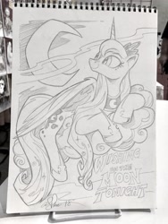 Size: 1536x2048 | Tagged: safe, artist:andypriceart, imported from derpibooru, princess luna, alicorn, pony, cloud, crown, female, grayscale, hooves, horn, jewelry, looking back, lying on a cloud, mare, monochrome, moon, on a cloud, pencil drawing, regalia, simple background, solo, tangible heavenly object, text, tiara, traditional art, wings