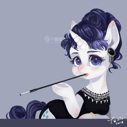 Size: 688x688 | Tagged: safe, artist:b-tobio, imported from derpibooru, rarity, pony, unicorn, alternate hairstyle, audrey hepburn, breakfast at tiffany's, cigarette, cigarette holder, clothes, dress, ear piercing, earring, female, jewelry, lipstick, mare, obtrusive watermark, piercing, signature, smoking, solo, watermark