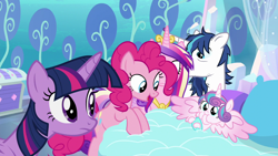 Size: 1280x720 | Tagged: safe, imported from derpibooru, screencap, pinkie pie, princess cadance, princess flurry heart, shining armor, twilight sparkle, alicorn, earth pony, pony, unicorn, the crystalling, baby, baby alicorn, baby pony, bed, crystal castle, crystal empire, cute, female, flurrybetes, foal, happy, male, mare, nursery, spread wings, stallion, twilight sparkle (alicorn), wings