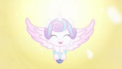 Size: 1280x720 | Tagged: safe, imported from derpibooru, screencap, princess flurry heart, alicorn, pony, the crystalling, about to be crystallized, baby, baby alicorn, baby flurry heart, baby pony, bright, cooing, cute, daaaaaaaaaaaw, dawwww, diaper, diapered, diapered filly, eyes closed, eyestrain warning, female, floating, flurrybetes, glow, glowing, glowing brightly, happy, happy baby, newborn, newborn baby, newborn filly, open mouth, spread wings, wings