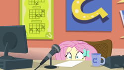 Size: 1280x720 | Tagged: safe, imported from derpibooru, screencap, fluttershy, equestria girls, equestria girls series, fluttershy's butterflies, announcer, computer, cyoa, embarrassed, female, fluttershy's butterflies: rainbow dash, football, microphone, microphone stand, mug, solo, sports