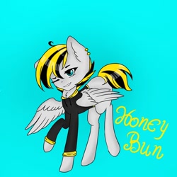 Size: 960x960 | Tagged: safe, imported from derpibooru, oc, oc only, oc:genki the pone, oc:miyazaki, pegasus, pony, blue background, clothes, ear piercing, femboy, hoodie, male, one eye closed, piercing, simple background, solo, spread wings, wings