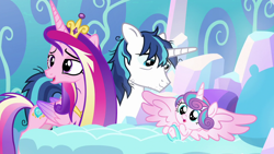 Size: 1280x720 | Tagged: safe, imported from derpibooru, screencap, princess cadance, princess flurry heart, shining armor, alicorn, pony, unicorn, the crystalling, baby, baby pony, family, female, frazzled, male, mare, messy mane, spread wings, stallion, trio, wings