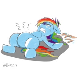 Size: 1100x1000 | Tagged: safe, artist:sozglitch, imported from derpibooru, rainbow dash, pegasus, pony, female, mare, popsicle stick, solo, stomach ache, stomach noise, stomach pain, stuffed
