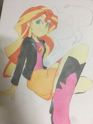 Size: 1536x2048 | Tagged: safe, artist:tyantyai_mokka, imported from derpibooru, sunset shimmer, equestria girls, boots, clothes, crossed legs, female, high heel boots, jacket, leather, leather jacket, shoes, skirt, solo, traditional art