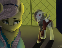 Size: 1300x1000 | Tagged: safe, artist:amywhooves, imported from derpibooru, fluttershy, rainbow dash, the count of monte rainbow, balcony, clothes, edmond dantes, i know those eyes, mercedes, musical, rainbow dantes, raised hoof, shycedes, the count of monte cristo, this man is dead