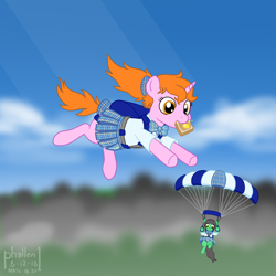 Size: 1500x1500 | Tagged: safe, artist:phallen1, imported from derpibooru, oc, oc only, oc:maya northwind, oc:sadie michaels, earth pony, pony, unicorn, atg 2018, backpack, bow, bowtie, bread, clothes, falling, female, food, hair bow, looking down, newbie artist training grounds, panties, parachute, plaid, plaid skirt, pleated skirt, ponified oc, ponytail, school uniform, schoolgirl toast, skirt, skirt lift, skydiving, solo focus, tail bow, tartan, toast, underwear, upskirt, white underwear