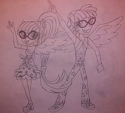 Size: 1013x918 | Tagged: safe, artist:jebens1, imported from derpibooru, sci-twi, twilight sparkle, dance magic, equestria girls, spoiler:eqg specials, dancing, dusk shine, dusktwi, equestria guys, female, male, monochrome, ponied up, rule 63, sci-dusk, scitwilicorn, self paradox, self ponidox, selfcest, shipping, straight, traditional art