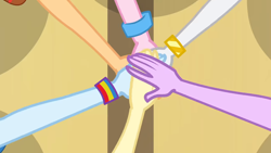 Size: 1366x768 | Tagged: safe, imported from derpibooru, screencap, applejack, fluttershy, pinkie pie, rainbow dash, rarity, twilight sparkle, equestria girls, equestria girls (movie), female, humane five, humane six, six hands together