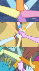 Size: 996x1816 | Tagged: safe, edit, edited screencap, imported from derpibooru, screencap, applejack, fluttershy, gallus, ocellus, pinkie pie, rainbow dash, rarity, sandbar, silverstream, smolder, twilight sparkle, yona, equestria girls, equestria girls (movie), school daze, alliance, comparison, friendship, humane five, humane six, mane six, six hands together, student six