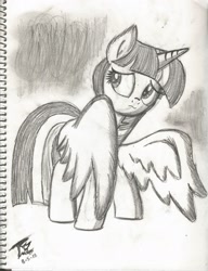 Size: 1680x2184 | Tagged: safe, artist:brekrofmadness, imported from derpibooru, twilight sparkle, twilight sparkle (alicorn), alicorn, pony, friendship university, female, monochrome, scene interpretation, solo, traditional art