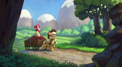 Size: 1920x1051 | Tagged: safe, artist:jotun22, imported from derpibooru, apple bloom, applejack, earth pony, pony, apple, aside glance, cart, duo, duo female, female, filly, food, forest, mare, mountain, mountain range, path, rock, scenery, sideways glance, tree
