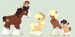 Size: 1024x506 | Tagged: safe, artist:givolpon, artist:versionsofme, imported from derpibooru, applejack, trouble shoes, oc, oc only, oc:flower, oc:flower (versionsofme), oc:grape juice, oc:honey pot, earth pony, pony, alternate design, baby, baby pony, blaze (coat marking), chest fluff, coat markings, colt, facial markings, family, female, filly, green background, hair over eyes, male, offspring, parent:applejack, parent:trouble shoes, parent:troubleshoes clyde, parents:troublejack, ponies riding ponies, pony hat, riding, shipping, simple background, socks (coat marking), socks (coat markings), straight, troublejack, unshorn fetlocks