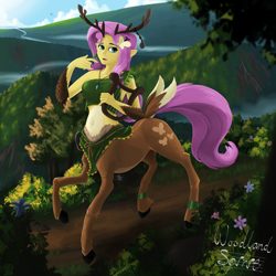 Size: 2048x2048 | Tagged: safe, artist:qzygugu, imported from derpibooru, fluttershy, centaur, deer, belly button, centaurshy, clothes, female, flutterdeer, forest, harp, jewelry, midriff, musical instrument, necklace, pointed ears, scenery, solo