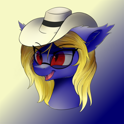 Size: 1250x1250 | Tagged: safe, artist:lunar froxy, imported from derpibooru, oc, oc only, oc:butter cream, bat pony, pony, bat pony oc, bust, commission, eye clipping through hair, female, gradient background, hat, mare, portrait, smiling, solo, sunglasses