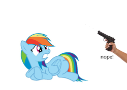 Size: 926x664 | Tagged: safe, edit, imported from derpibooru, rainbow dash, human, pegasus, pony, downvote bait, female, gun, hand, mare, offscreen character, op is in a superposition of duck and not duck, simple background, text, troll to op, weapon, white background