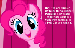 Size: 1134x729 | Tagged: safe, edit, edited screencap, imported from derpibooru, screencap, pinkie pie, applebuck season, bronybait, cropped, cute, diapinkes, happy, implied derpy, implied shipping, implied straight, implied thunderlane, implied thunderplane, implied wedding, invitation, text